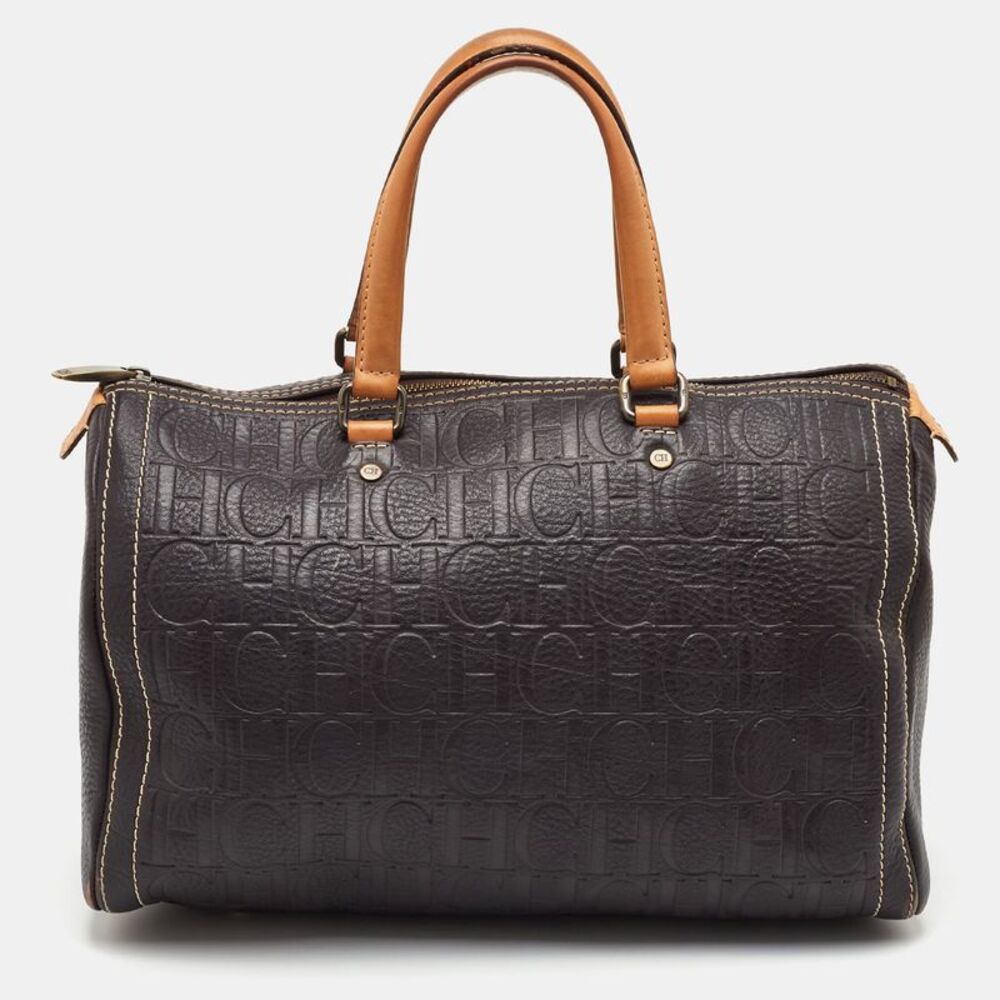Ch Carolina Herrera Andy Large Dark Brown Monogram Embossed Leather Boston Bag
